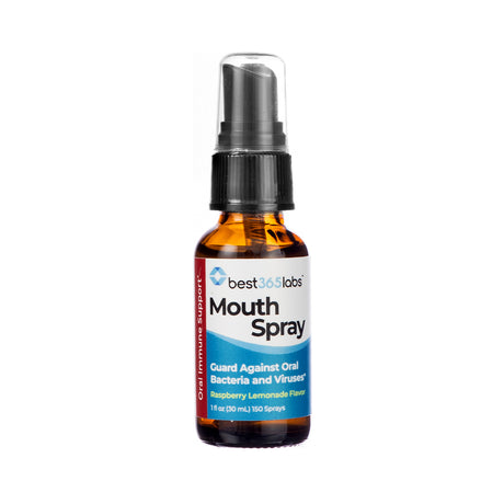Front label of Best 365 Labs Mouth Spray, 30 mL raspberry lemonade flavor, providing oral immune support with 150 sprays per bottle.