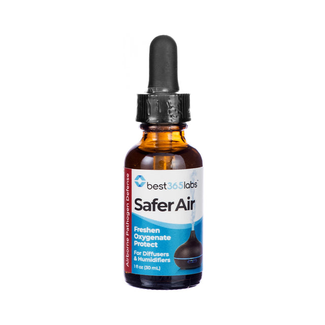 Front label of Best 365 Labs Safer Air, 30 mL dropper bottle for use in diffusers and humidifiers, formulated to freshen, oxygenate, and protect air quality.