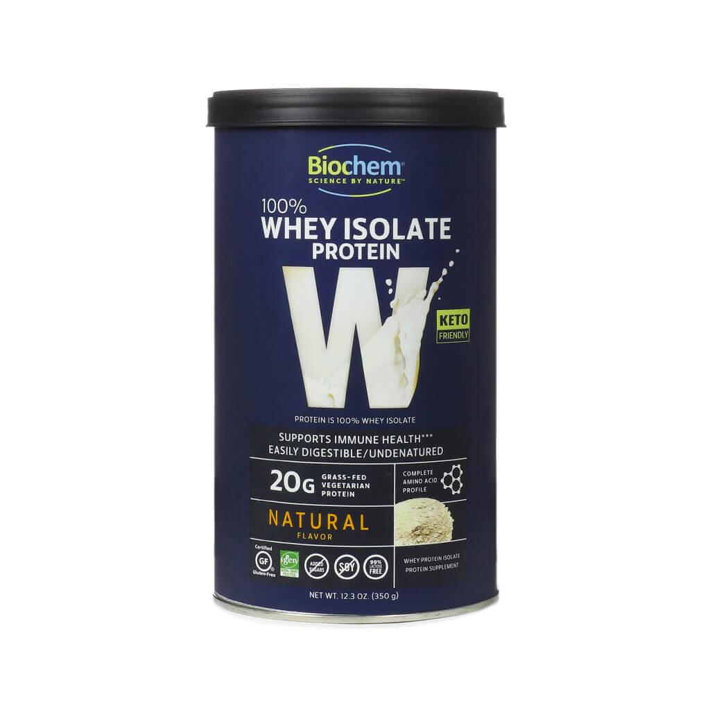 Large dark blue container of BioChem 100% Whey Isolate Protein in Natural flavor, offering 20g of grass-fed vegetarian protein per serving with immune support claims and keto-friendly labeling.