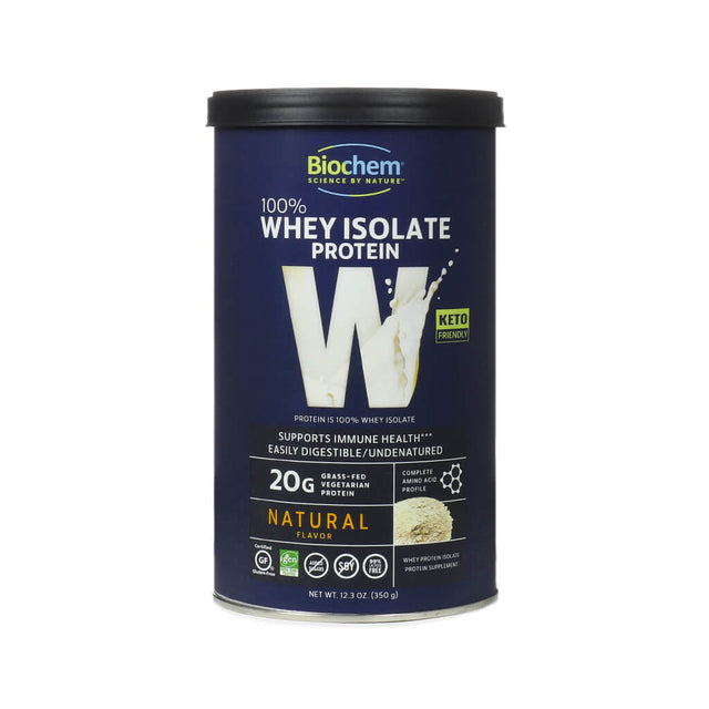 Large dark blue container of BioChem 100% Whey Isolate Protein in Natural flavor, offering 20g of grass-fed vegetarian protein per serving with immune support claims and keto-friendly labeling.
