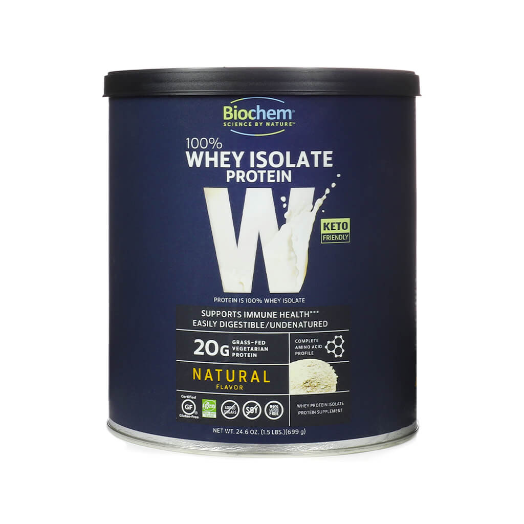 Large dark blue container of BioChem 100% Whey Isolate Protein in Natural flavor, offering 20g of grass-fed vegetarian protein per serving with immune support claims and keto-friendly labeling.