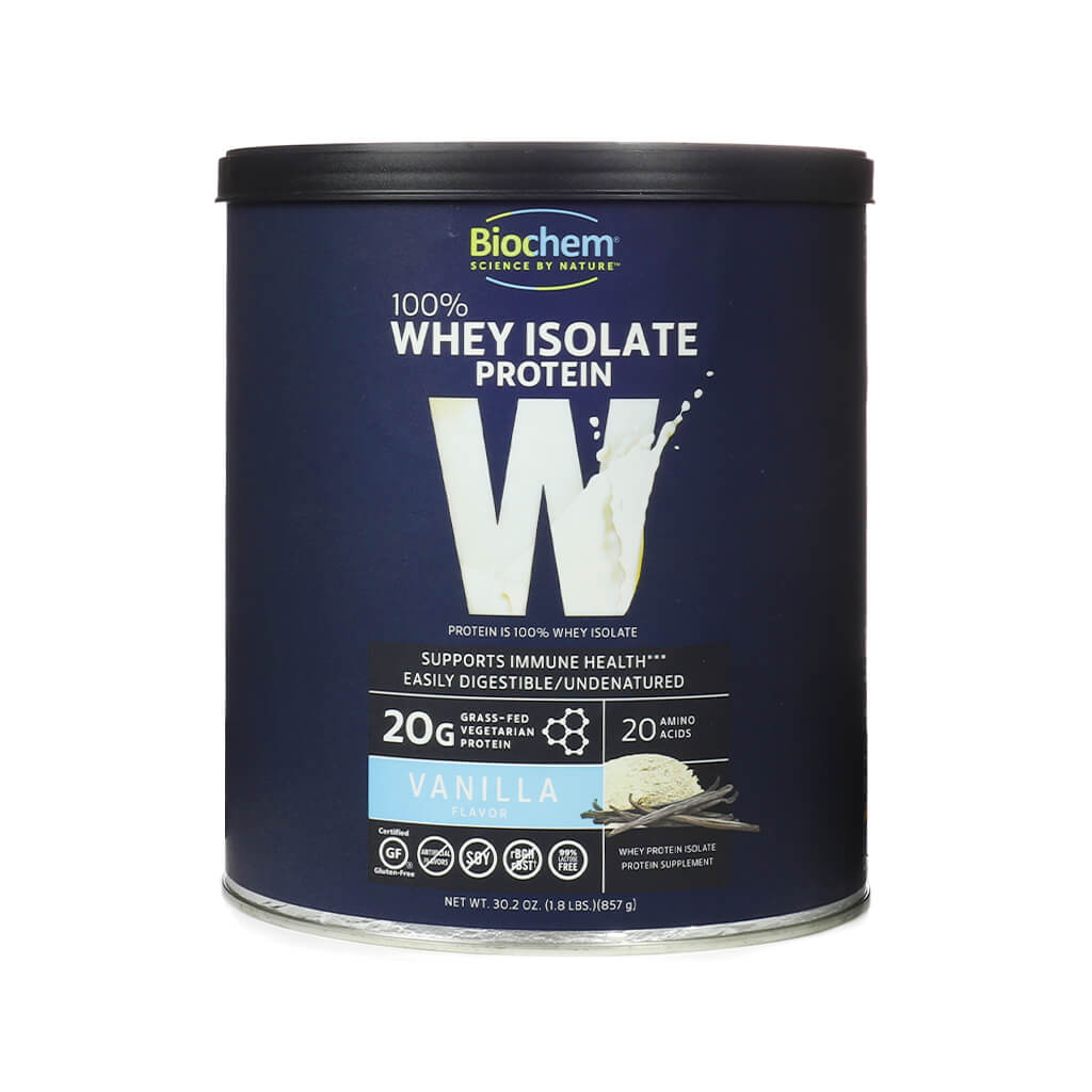 BioChem Whey Isolate Protein in Vanilla flavor, packed in a navy blue canister with 20g grass-fed protein, complete amino acid profile, and 20 amino acids, keto-friendly and gluten-free.