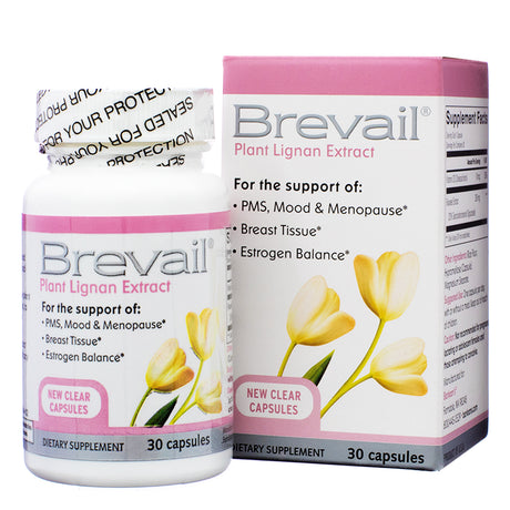 A bottle and box of Barlean's Brevail Plant Lignan Extract dietary supplement. The packaging highlights its support for PMS, mood, menopause, breast tissue health, and estrogen balance. The label also mentions "new clear capsules" and contains 30 capsules per bottle.