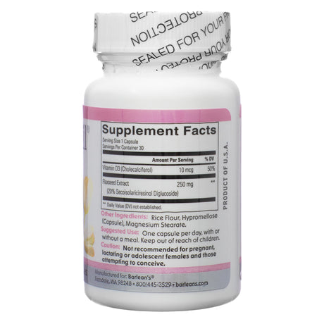 A white bottle of Brevail Plant Lignan Extract, displaying the supplement facts label. The label lists key ingredients, including Vitamin D3 (10 mcg) and Flaxseed Extract (250 mg), along with other ingredients like rice flour and magnesium stearate. It includes suggested use instructions and a caution for pregnant, lactating, or adolescent females. The bottle contains 30 capsules.