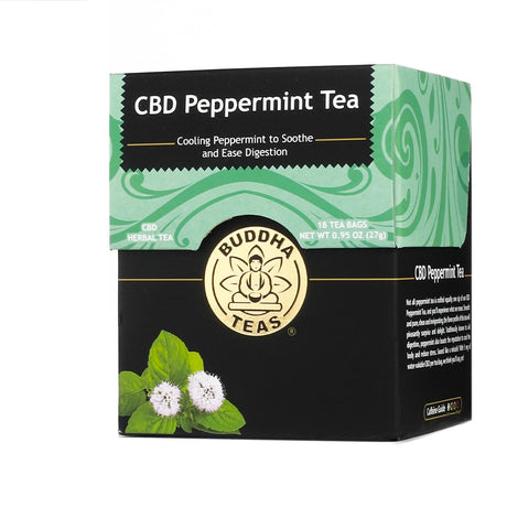 A box of Buddha Teas CBD Peppermint Tea containing 18 tea bags. The packaging highlights cooling peppermint to soothe and ease digestion, with CBD herbal tea and a net weight of 0.95 oz (27g).