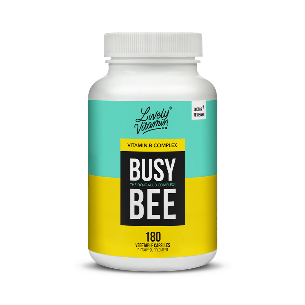 A teal and yellow bottle labeled "Busy Bee - The Do-It-All B Complex" by Lively Vitamin Co. This dietary supplement features 90 vegetable capsules designed to support energy, stress relief, and overall wellness.