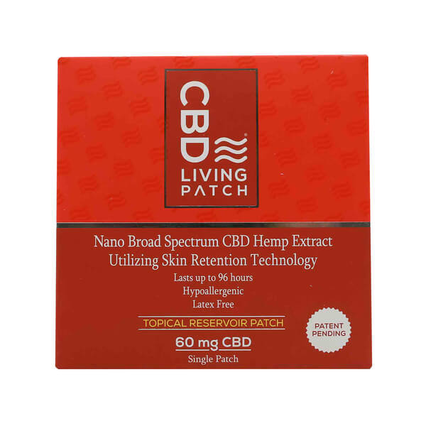 A red package of CBD Living Patch containing one topical reservoir patch. The label highlights 60mg nano broad spectrum CBD hemp extract, up to 96 hours of use, hypoallergenic, and latex-free.