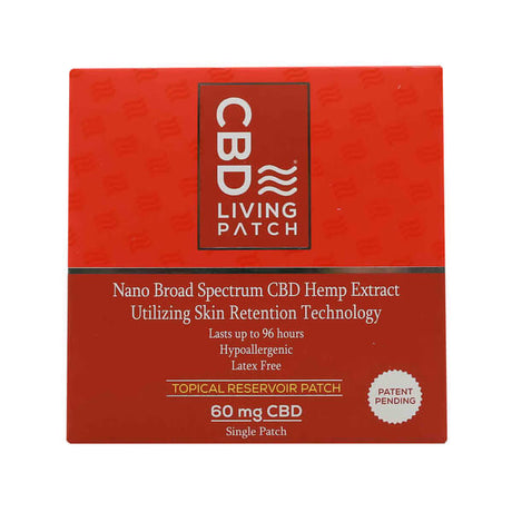 A red package of CBD Living Patch containing one topical reservoir patch. The label highlights 60mg nano broad spectrum CBD hemp extract, up to 96 hours of use, hypoallergenic, and latex-free.