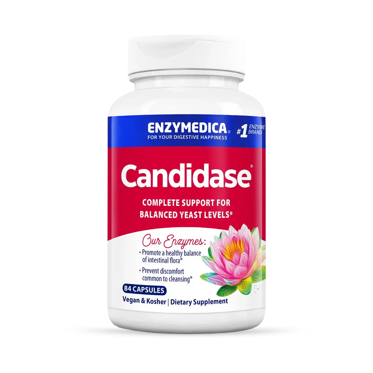 Enzymedica Candidase 84 capsules bottle with red and blue label, enzymes for balanced yeast levels