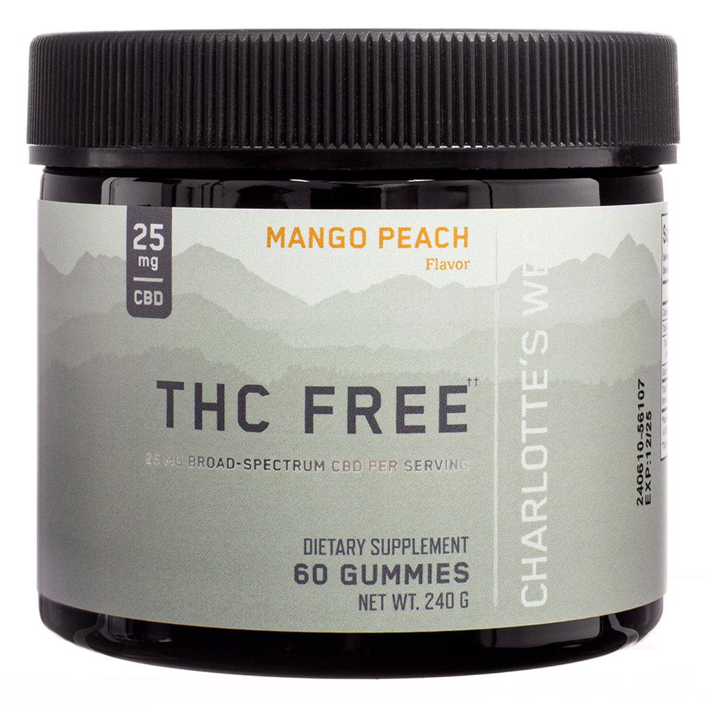 Front of Charlotte’s Web THC-Free CBD Gummies in Mango Peach flavor, featuring 25 mg broad-spectrum CBD per serving. Jar contains 60 gummies with a net weight of 240 g. Label is light green with soft mountain imagery and bold “THC Free” text.