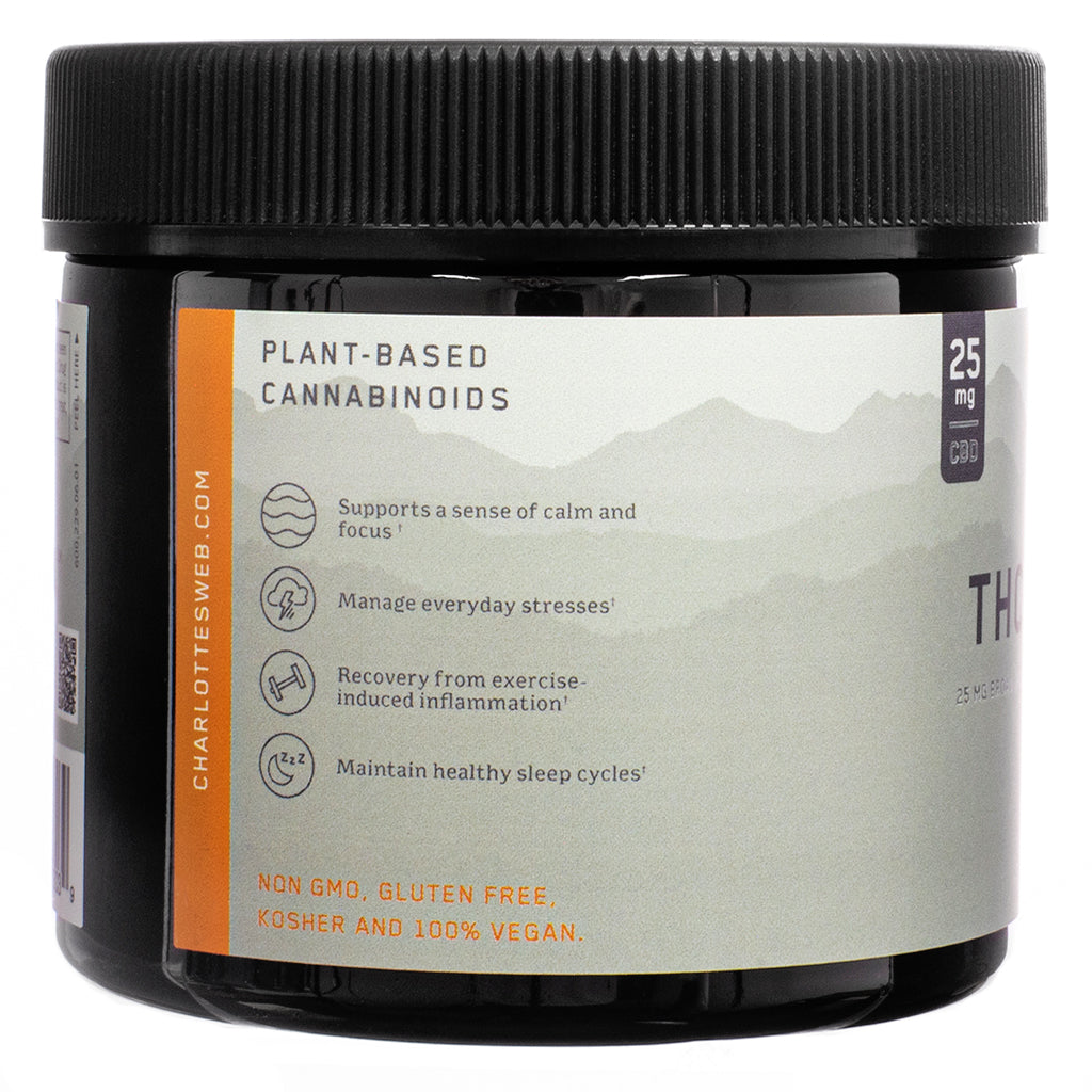 Side view of Charlotte’s Web THC-Free CBD Gummies jar highlighting wellness benefits. Lists plant-based cannabinoids and claims to support calm and focus, manage stress, aid in exercise recovery, and promote healthy sleep cycles. Also marked as non-GMO, gluten-free, kosher, and 100% vegan.