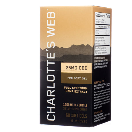 Charlotte's Web 25mg CBD Soft Gels Front Panel shows a golden and black box labeled “25MG CBD Per Soft Gel” with full spectrum hemp extract. The product contains 60 soft gels, totaling 1,500mg of CBD per bottle.