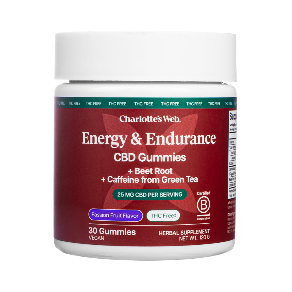 Red and white jar of Charlotte’s Web Energy & Endurance CBD Gummies with 30 vegan gummies, Passion Fruit Flavor. Contains 25 mg CBD per serving, beet root, and caffeine from green tea, labeled THC Free and certified by B Corporation.