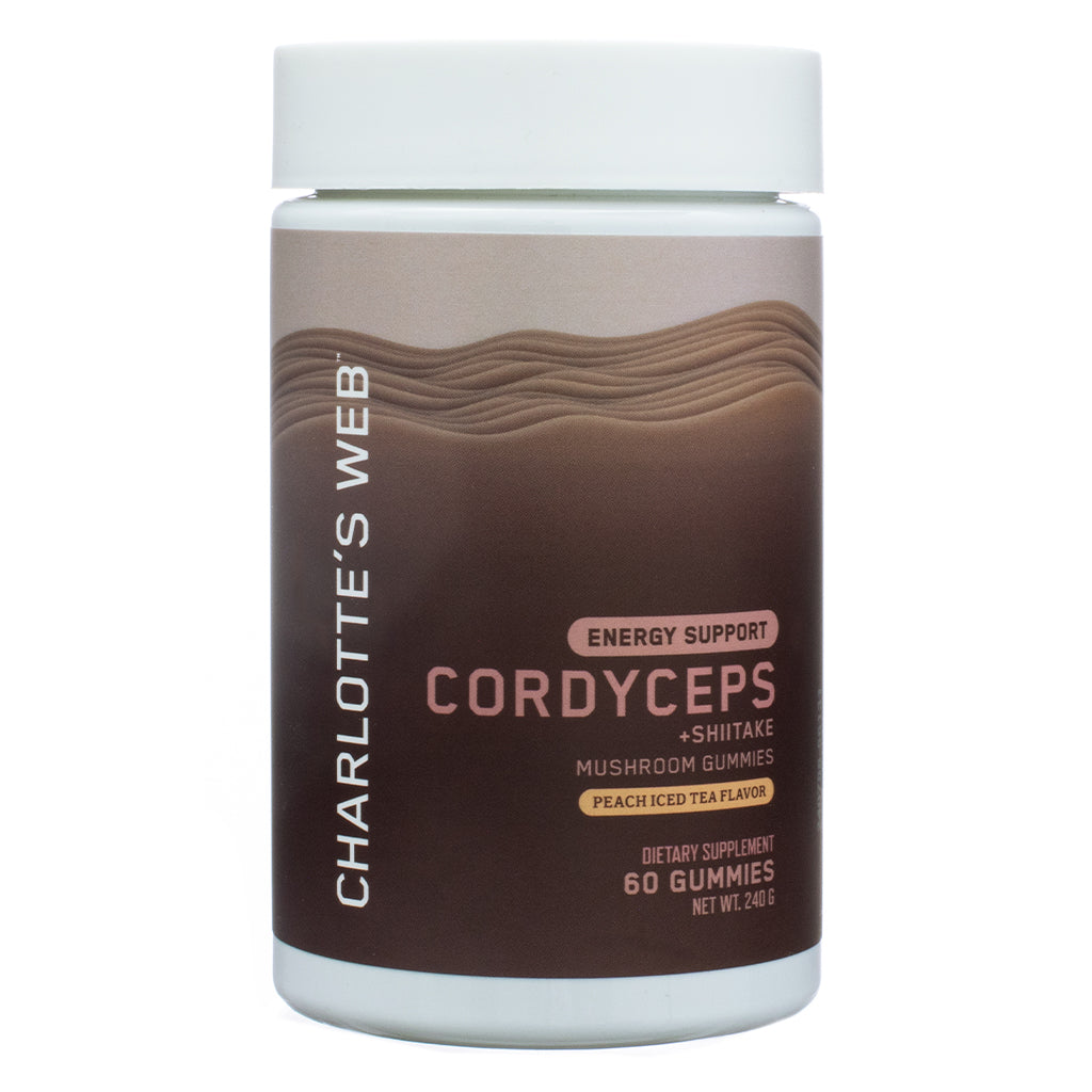The front label of Charlotte's Web Energy Support with Cordyceps and Shiitake Mushroom Gummy, featuring a brown and beige gradient design with wavy patterns. The label highlights the energy support function, the inclusion of cordyceps and shiitake mushrooms, and the peach iced tea flavor. The container holds 60 gummies and has a net weight of 240 grams.