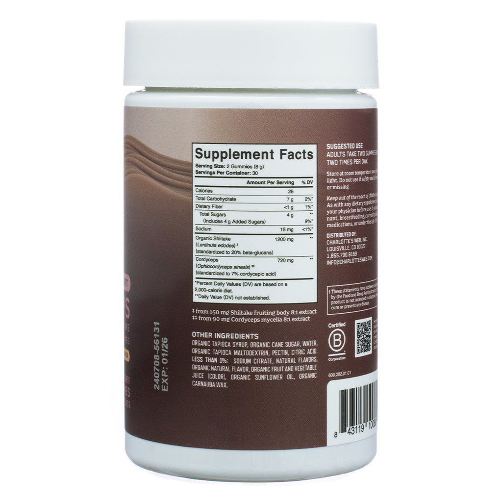 The back label of Charlotte's Web Energy Support with Cordyceps and Shiitake Mushroom Gummy, 60 gummies, peach iced tea flavor. The supplement facts panel lists serving size as 2 gummies, 30 servings per container, 26 calories per serving, and key ingredients including organic shiitake (1200 mg), cordyceps (720 mg), and dietary fiber. Additional ingredients include organic tapioca syrup, organic cane sugar, and natural flavors.