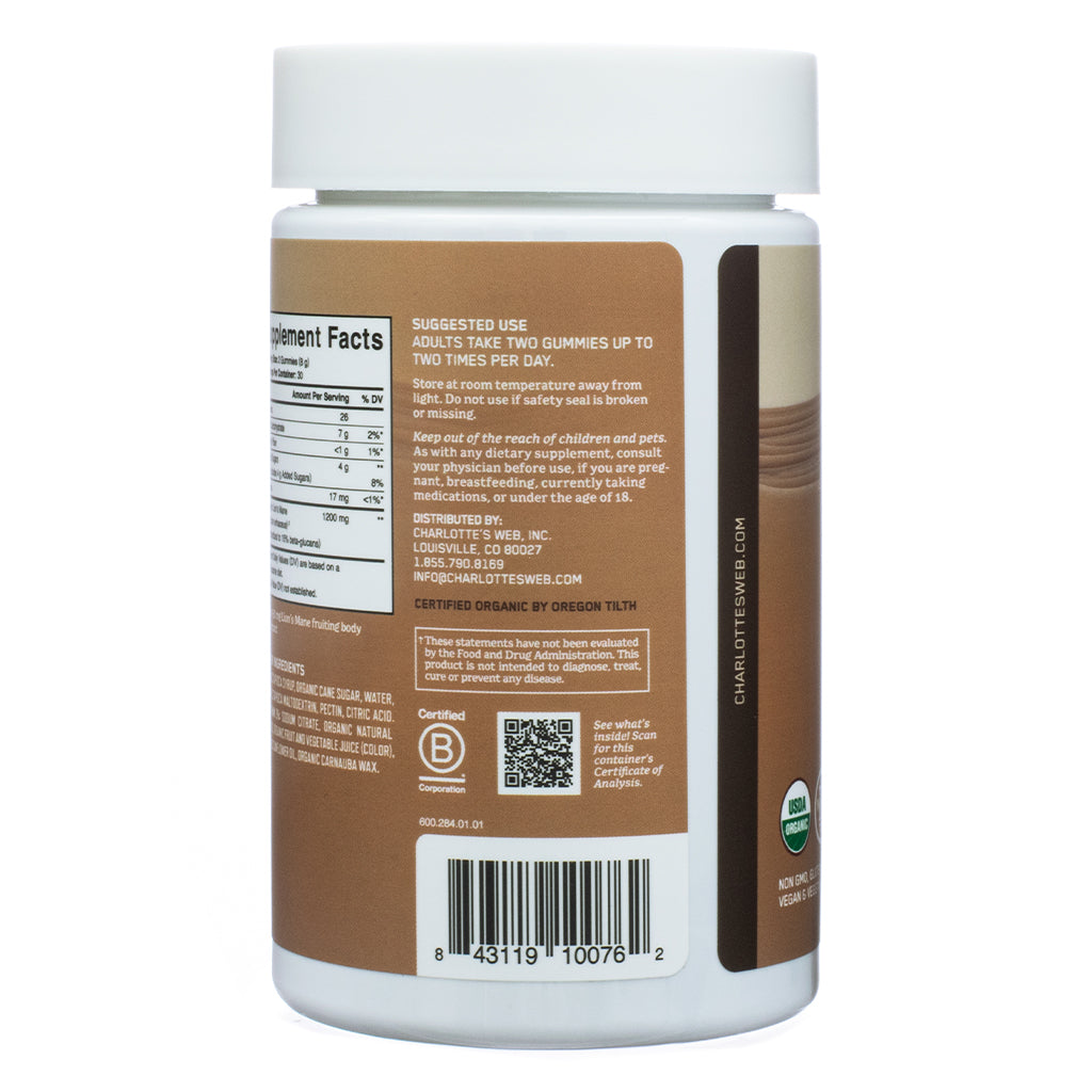 The back side of Charlotte's Web Focus Support Lion's Mane Mushroom Gummies 60 Gummies, featuring usage directions advising adults to take two gummies up to twice daily. The label also includes storage instructions, warnings for pregnant or medicated individuals, and a barcode. Certifications include USDA Organic and B Corporation.