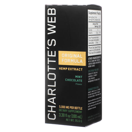 Front and angled view of Charlotte's Web Original Formula Hemp Extract Mint Chocolate 100mL, showing branding, flavor, and supplement strength of 5,000mg per bottle.