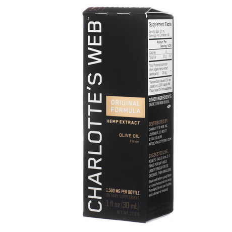 Charlotte's Web Original Formula Hemp Extract in Olive Oil Flavor, shown in a 30 mL box with bold branding and supplement facts, highlighting 25 mg CBD per serving and a total of 1,500 mg per bottle.