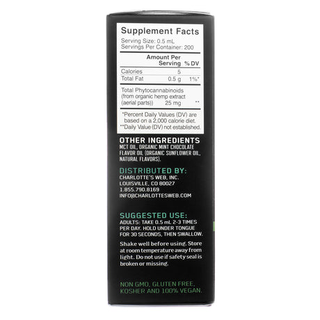 Supplement Facts panel of Charlotte's Web Original Formula Hemp Extract Mint Chocolate 100mL, showing serving size, phytocannabinoid content, ingredients, and usage instructions.