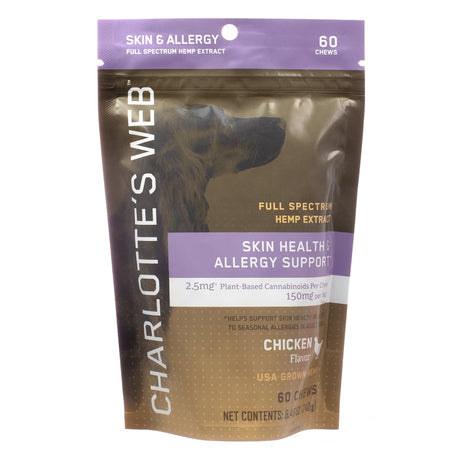 Charlotte's Web Skin & Allergy Support chews for dogs in a resealable pouch. These chicken-flavored chews contain full-spectrum hemp extract with 2.5mg plant-based cannabinoids per chew, supporting skin health and seasonal allergy relief. The package includes 60 chews (8.4 oz).