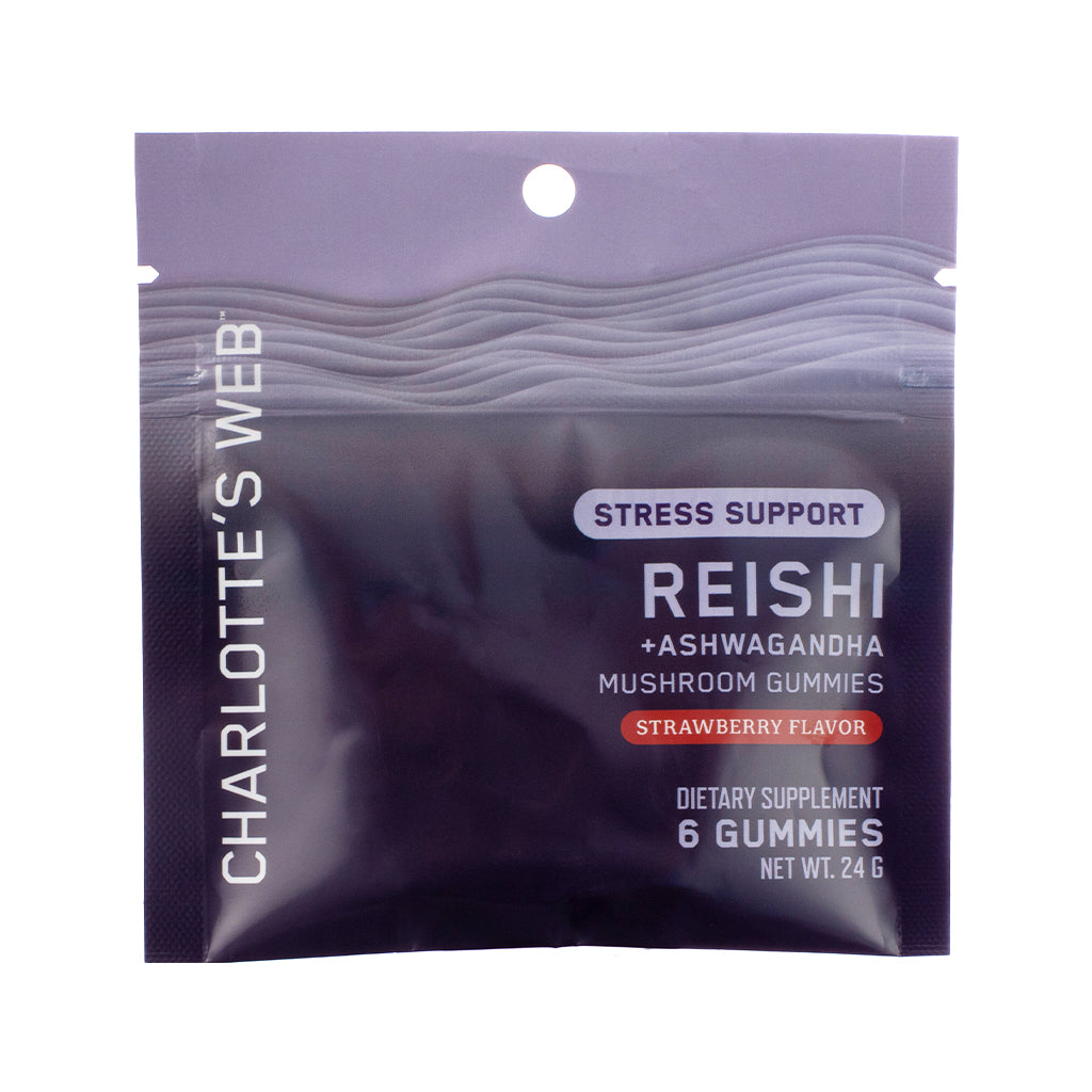 Front image of Charlotte's Web Stress Support with Reishi & Ashwagandha Mushroom Gummy, 6-count trial pack, featuring dark red label, mushroom illustrations, and branding that highlights calming adaptogenic benefits.