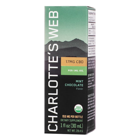 Charlotte’s Web CBD Oil in Mint Chocolate flavor, 1 fl oz (30 mL), with green and black packaging. Contains 17mg CBD per 1mL oil and a total of 510mg CBD per bottle; USDA Organic certified.