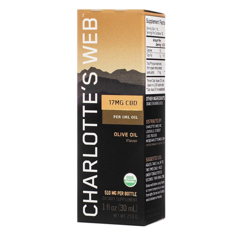 Charlotte’s Web CBD Oil in Olive Oil flavor, 1 fl oz (30 mL), featuring bronze and black packaging with a mountain silhouette. Highlights 17mg CBD per 1mL and 510mg CBD per bottle, USDA Organic approved.