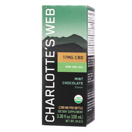 Box of Charlotte’s Web CBD Oil in Mint Chocolate flavor, 3.38 fl oz (100 mL), with 1,700mg CBD per bottle. The green and black label design includes 17mg CBD per 1mL oil and USDA Organic certification.
