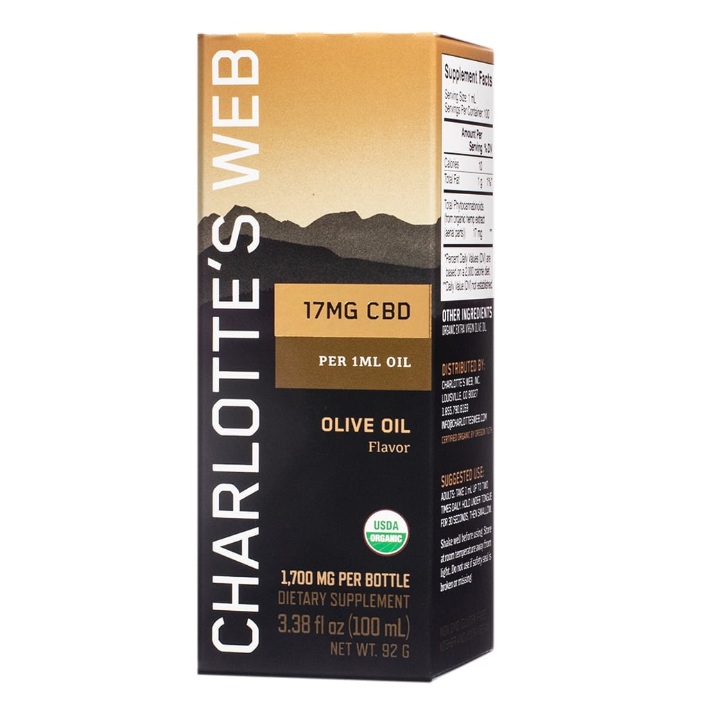Box of Charlotte’s Web CBD Oil in Olive Oil flavor, 3.38 fl oz (100 mL), labeled with 17mg CBD per 1mL oil. The golden-toned packaging includes USDA Organic certification and indicates 1,700mg CBD per bottle.