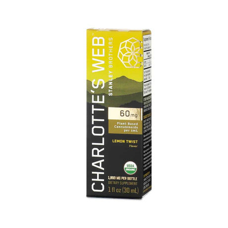 Charlotte’s Web Hemp Extract with 60mg of Plant-Based Cannabinoids per 1mL in Lemon Twist flavor, 1 fl oz (30 mL). The yellow and black box includes the USDA Organic seal and contains 1,800mg per bottle.