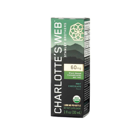 Box of Charlotte’s Web 60mg Hemp Extract in Mint Chocolate flavor, 1 fl oz (30 mL), with a green and black mountain-themed design. Contains 1,800mg per bottle and displays the USDA Organic seal.