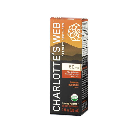 Charlotte’s Web Hemp Extract, 60mg per 1mL, in Orange Blossom flavor. The 1 fl oz (30 mL) box has an orange and black color scheme, highlights USDA Organic certification, and notes 1,800mg per bottle.