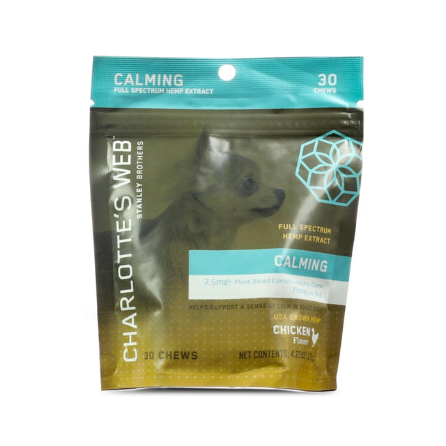 Resealable pouch of Charlotte’s Web Calming Chews for Dogs with full-spectrum hemp extract. Contains 30 chicken-flavored chews, each with 2.5 mg plant-based cannabinoids; total 75 mg per bag. Features an image of a small dog and turquoise and gold packaging.