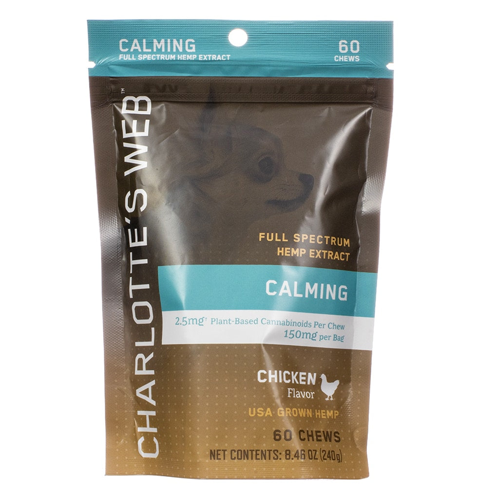Larger pouch of Charlotte’s Web Calming Chews for Dogs, chicken flavor, with 60 chews. Each chew contains 2.5 mg of plant-based cannabinoids for a total of 150 mg per bag. The design includes a small dog image and bold “Calming” label on teal and brown packaging.