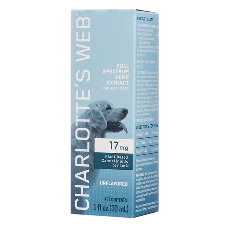 Box of Charlotte’s Web Full Spectrum Hemp Extract for Adult Dogs, unflavored, 1 fl oz (30 mL). Contains 17 mg of plant-based cannabinoids per mL, with dosage directions by weight on the side panel and an image of a happy dog on a light blue background.
