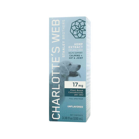 Charlotte’s Web Hemp Extract for Adult Dogs, unflavored, 3.38 fl oz (100 mL). Highlights 17 mg of plant-based cannabinoids per mL and supports calming, hip, and joint health. Features a dog illustration and a teal-blue box with a silver geometric emblem.