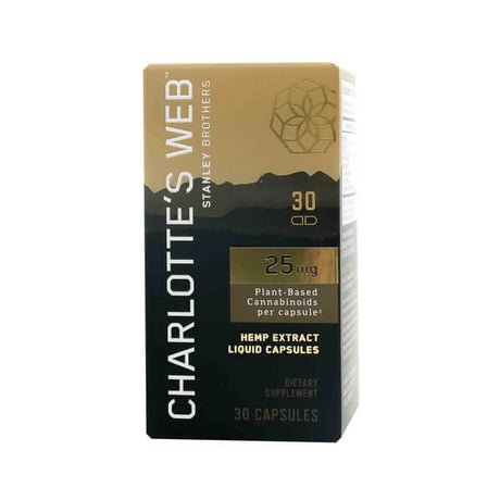 Box of Charlotte’s Web Hemp Extract Liquid Capsules with 25 mg of plant-based cannabinoids per capsule. Contains 30 capsules, packaged in the brand's signature gold and black design with “Stanley Brothers” and a geometric flower emblem.