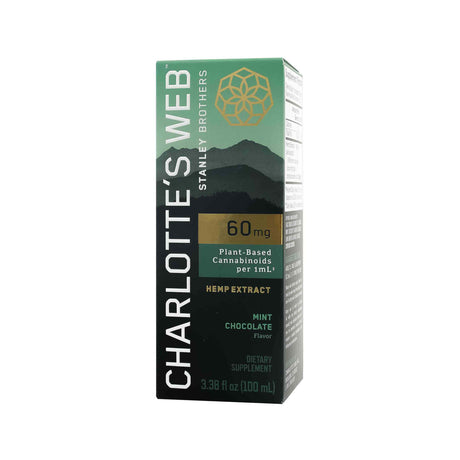 Box of Charlotte’s Web 60mg Plant-Based Cannabinoids per 1mL Hemp Extract in Mint Chocolate flavor, 3.38 fl oz (100 mL). The green and black packaging features a mountain design and gold geometric logo, labeled as a dietary supplement.