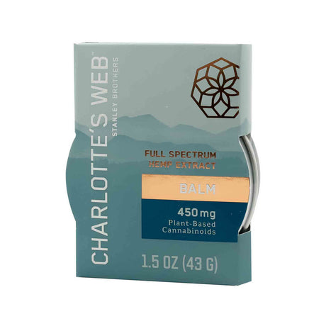 Charlotte’s Web Full Spectrum Hemp Extract Balm in a 1.5 oz (43 g) container, shown partially inside its teal packaging. Label indicates 450 mg of plant-based cannabinoids and features gold and blue accents with a geometric flower emblem.