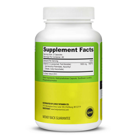 Supplement facts panel for Citrus Kick showing 1600mg of liposomal Vitamin C per serving (as Ascorbyl Palmitate, Ascorbyl Oleate, and Cetyl Ascorbate), with 60 servings per container.