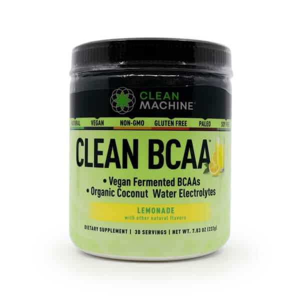 Black and neon green container of Clean Machine CLEAN BCAA, a lemonade-flavored dietary supplement with 30 servings. The label highlights vegan fermented BCAAs, organic coconut water electrolytes, and notes it's non-GMO, gluten-free, paleo-friendly, and soy-free.