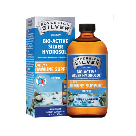 A 16 fl. oz. amber bottle of Sovereign Silver Bio-Active Silver Hydrosol Daily Immune Support with box packaging. The label highlights 10 PPM strength for immune health.