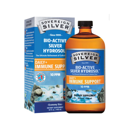 A 32 fl. oz. amber bottle of Sovereign Silver Bio-Active Silver Hydrosol Daily Immune Support with box packaging. The product features 10 PPM strength and is labeled as economy size.