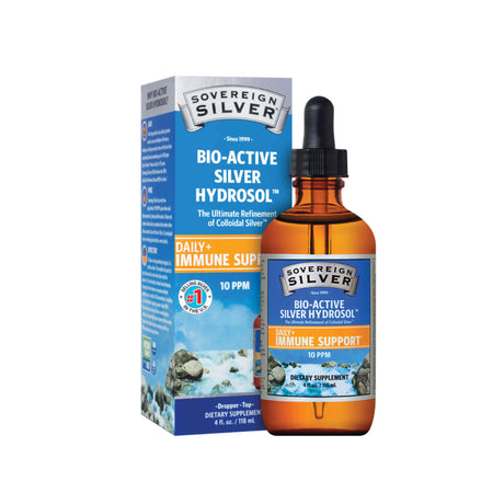A 4 fl. oz. amber dropper bottle of Sovereign Silver Bio-Active Silver Hydrosol Daily Immune Support with box packaging. The product highlights 10 PPM strength and immune support benefits.