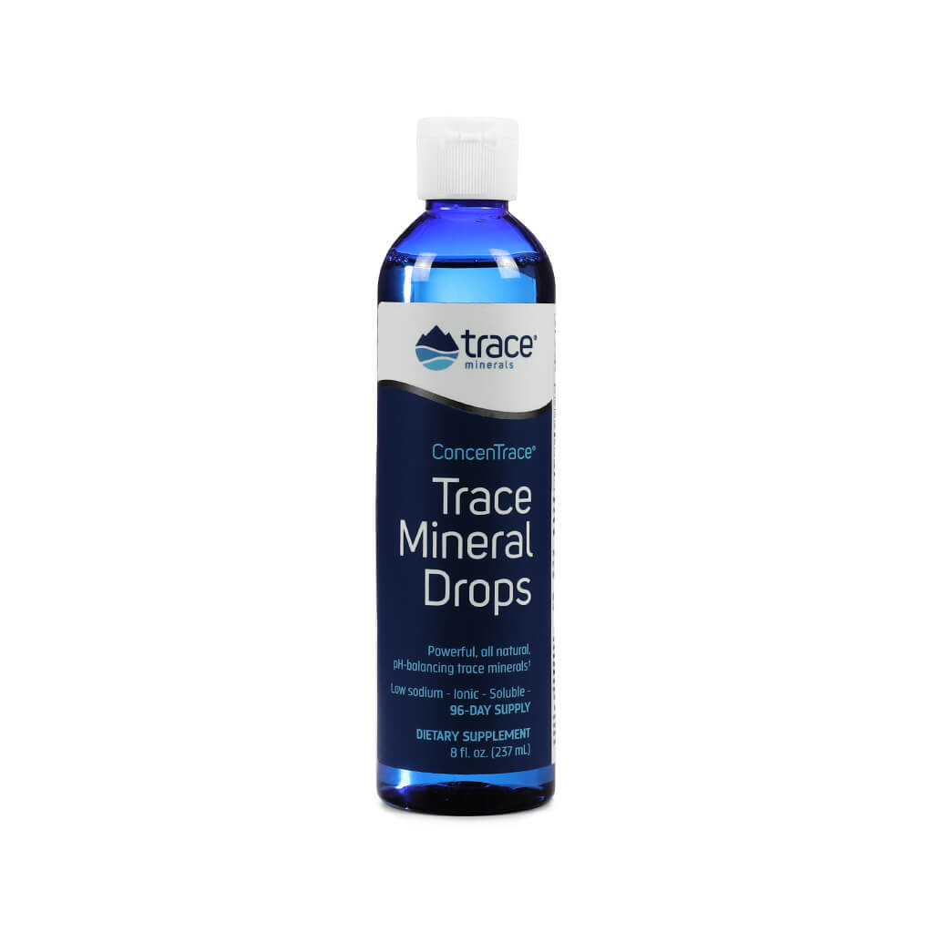 Blue 8 fl oz (237 mL) bottle of Trace Minerals ConcenTrace Trace Mineral Drops, a dietary supplement offering a 96-day supply. The label describes it as powerful, all-natural, low-sodium, ionic, soluble, and designed for pH balance support.