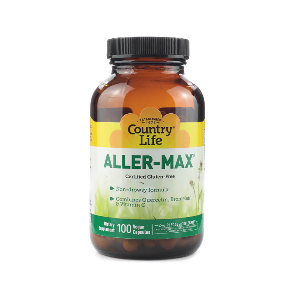 Bottle of Country Life ALLER-MAX supplement with 100 vegan capsules. Labeled as certified gluten-free and non-drowsy, it combines quercetin, bromelain, and vitamin C for allergy and immune support.