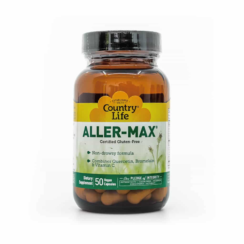 Amber bottle of Country Life Aller-Max, a non-drowsy allergy support supplement with 50 vegan capsules. The label highlights that it’s certified gluten-free and contains quercetin, bromelain, and vitamin C.