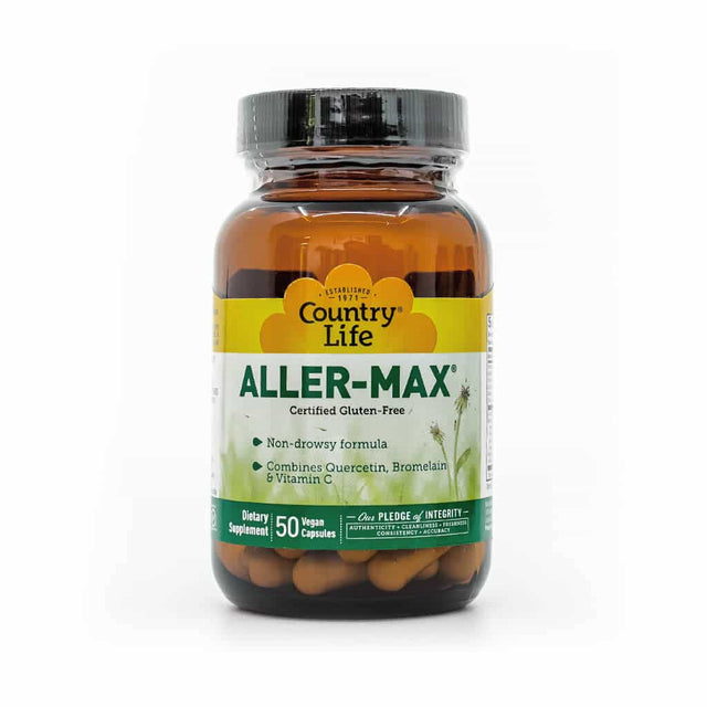 Amber bottle of Country Life Aller-Max, a non-drowsy allergy support supplement with 50 vegan capsules. The label highlights that it’s certified gluten-free and contains quercetin, bromelain, and vitamin C.
