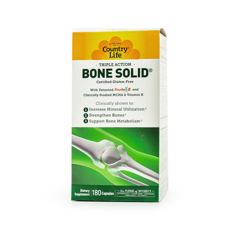 Box of Country Life Bone Solid Triple Action dietary supplement, containing 180 capsules. Promotes bone health with FruiteX-B, MCHA, and Vitamin K, and is claimed to increase mineral utilization, strengthen bones, and support bone metabolism.
