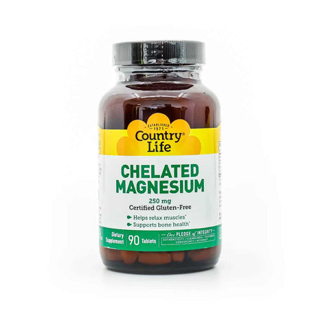 Bottle of Country Life Chelated Magnesium dietary supplement with 90 tablets. The amber bottle features yellow and green labeling, contains 250 mg magnesium per serving, and is certified gluten-free, supporting muscle relaxation and bone health.